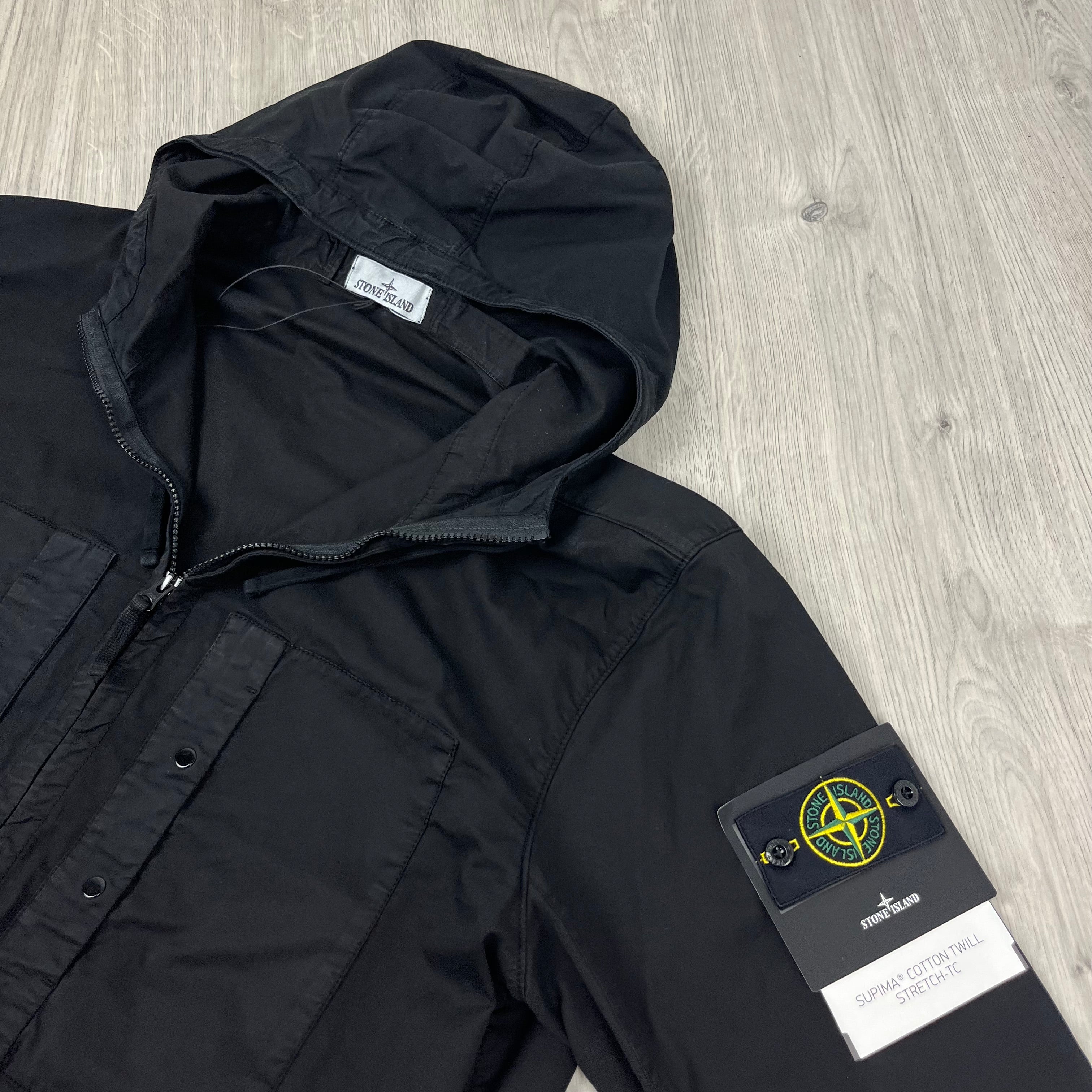 Men's Stone Island Supima Hooded Overshirt in Black. On sale at Open Attire.