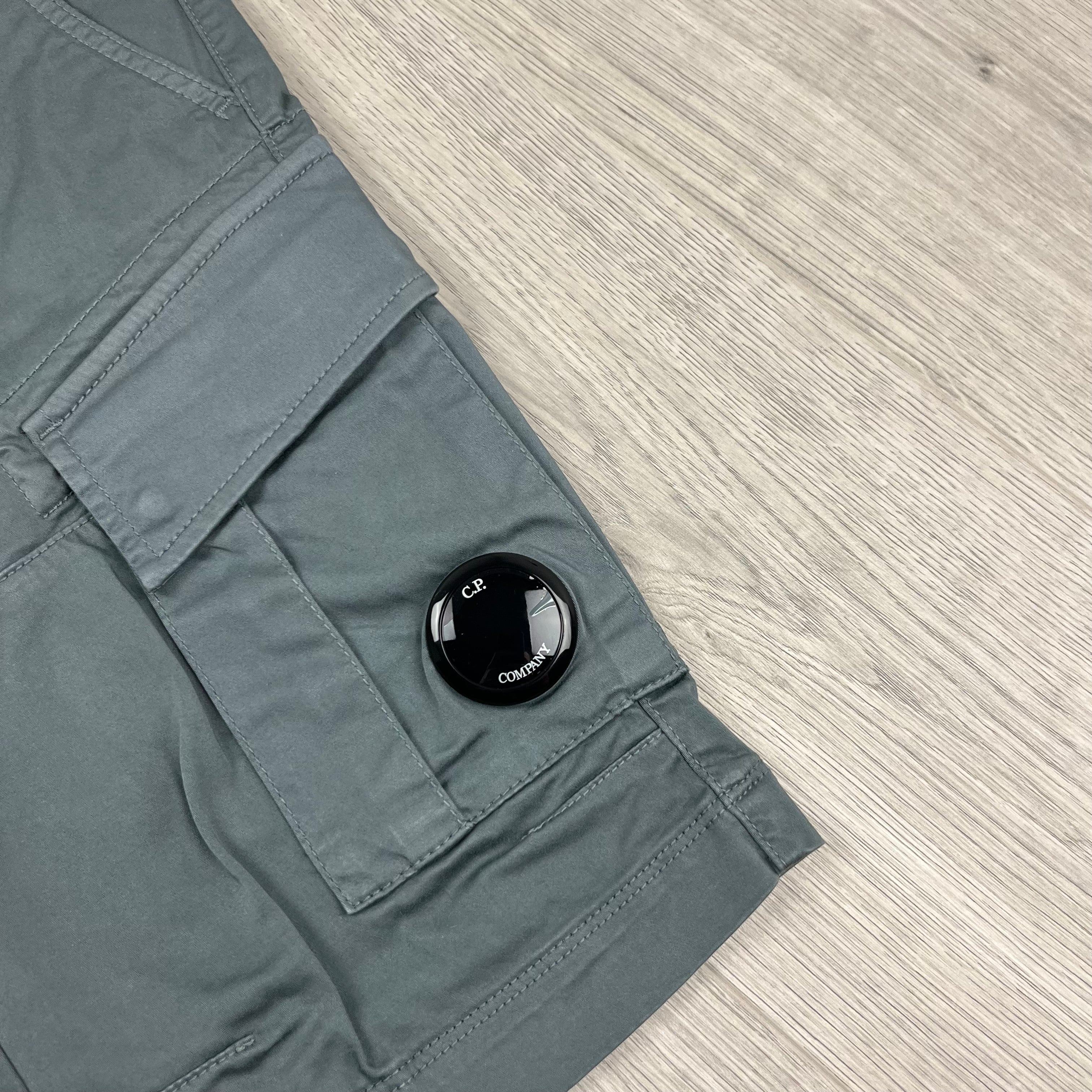 CP Company Gabardine Cargo Shorts in Stormy Weather. On sale at Open Attire.