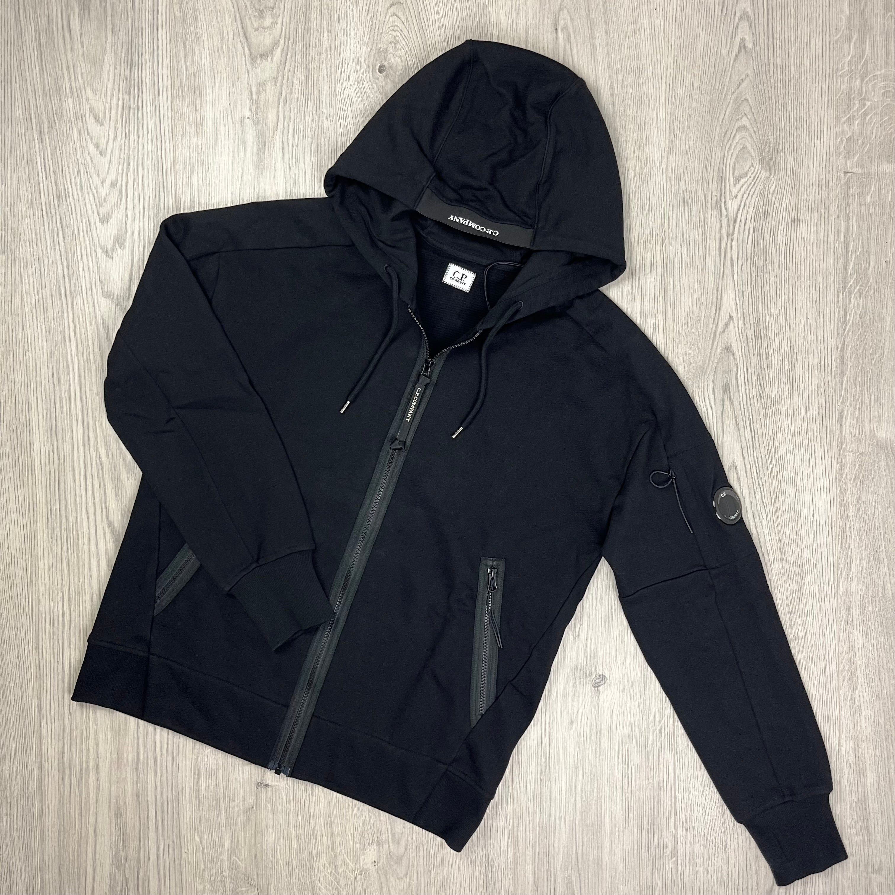 CP Company Diagonal Raised Fleece Zip Hoodie in Black. On Sale at Open Attire.