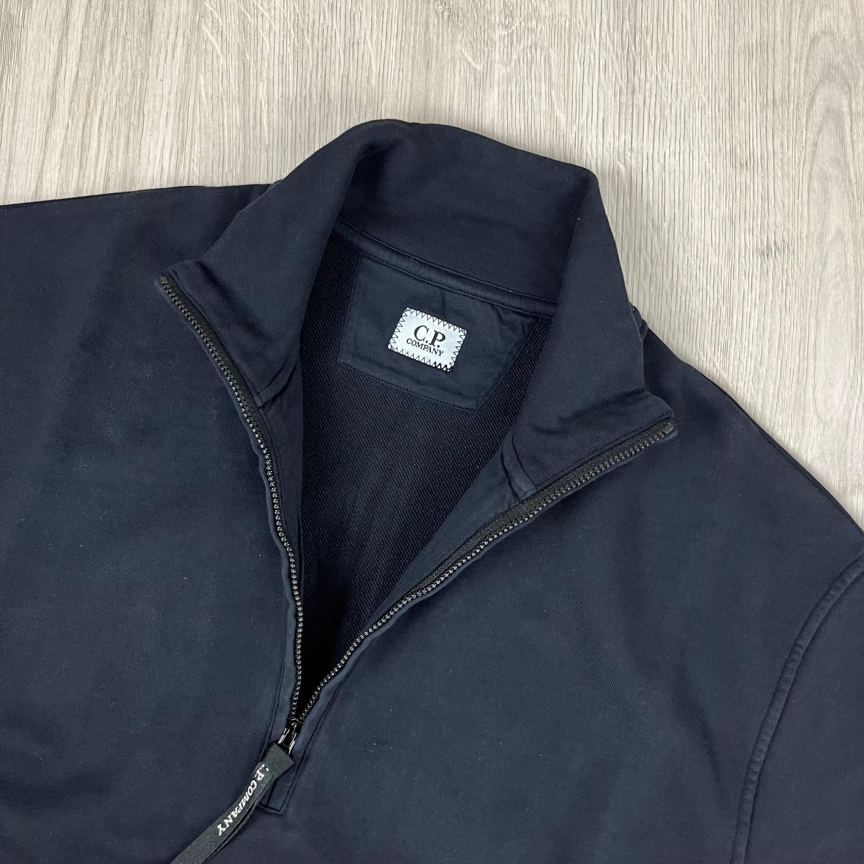 Men's CP Company Raised Fleece Zip Sweatshirt in Total Eclipse Navy Blue. On sale at Open Attire.