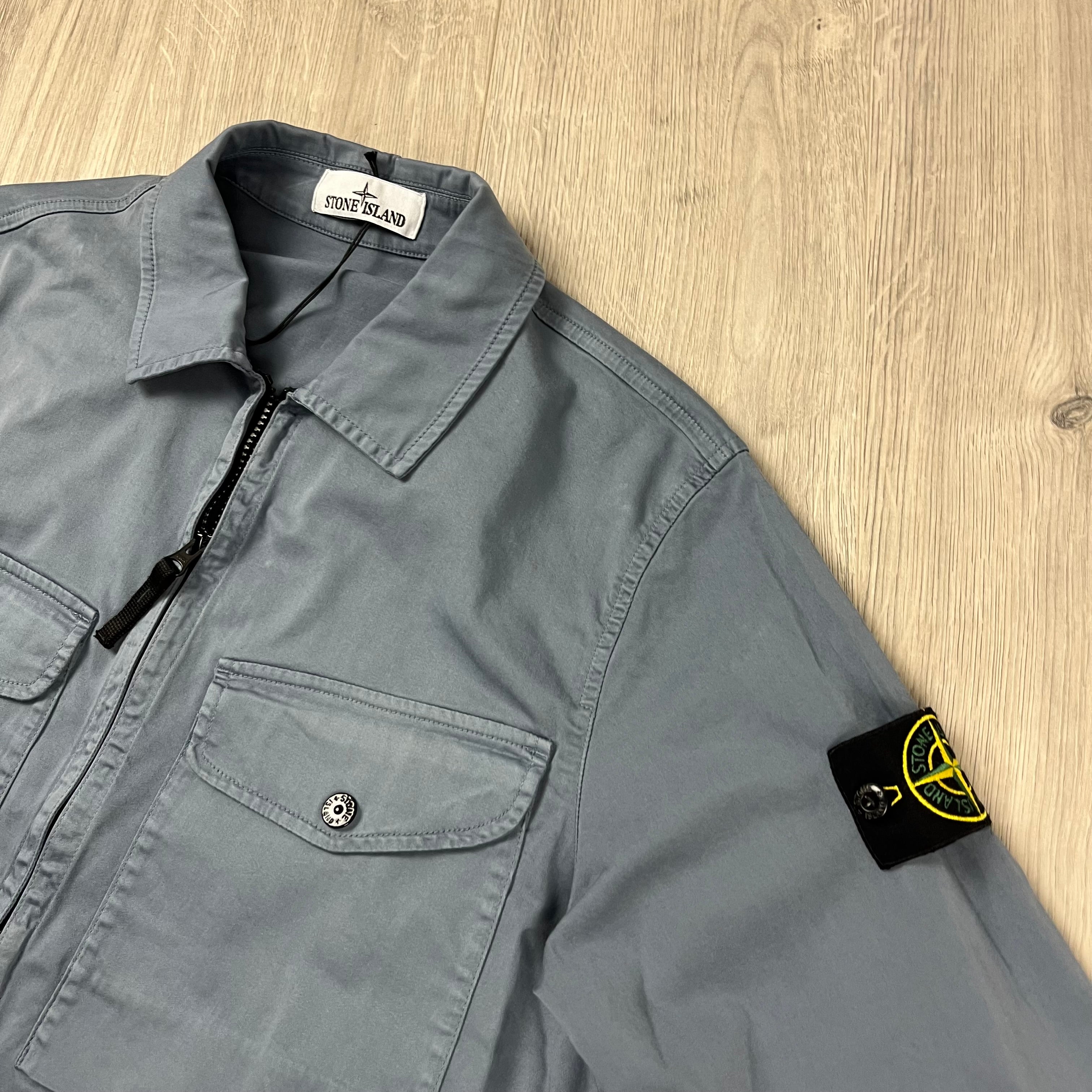 Stone Island Stretch Cotton Satin Overshirt in Avio Blue. On sale at Open Attire.