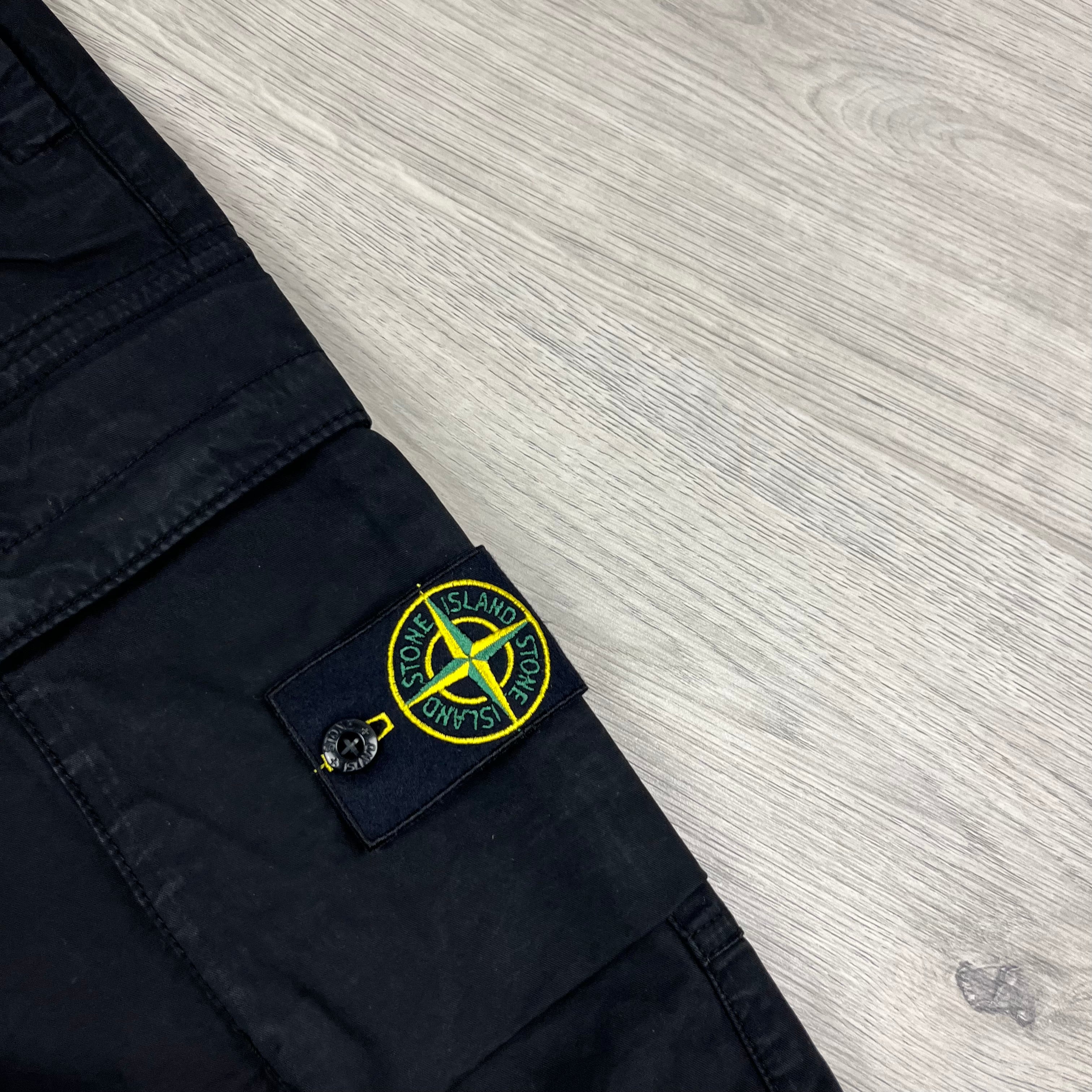 Stone Island Broken Twill Cotton Cargo Trousers in Black. On sale at Open Attire.