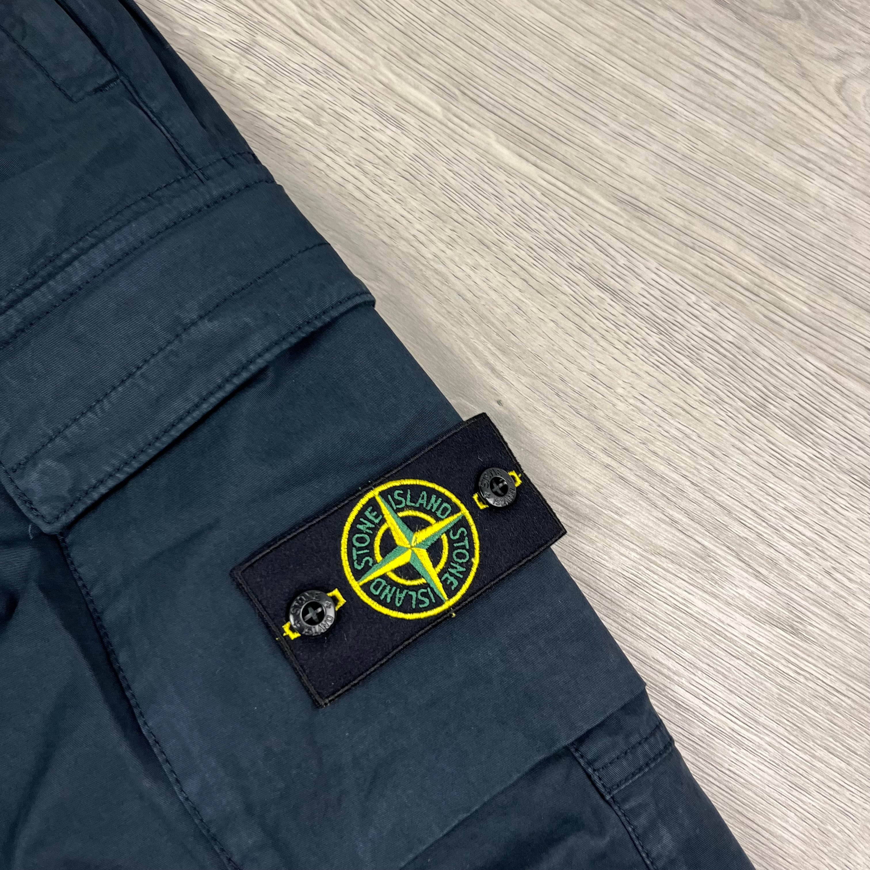 Stone Island Broken Twill Cotton Cargo Trousers in Navy Blue. On sale at Open Attire.
