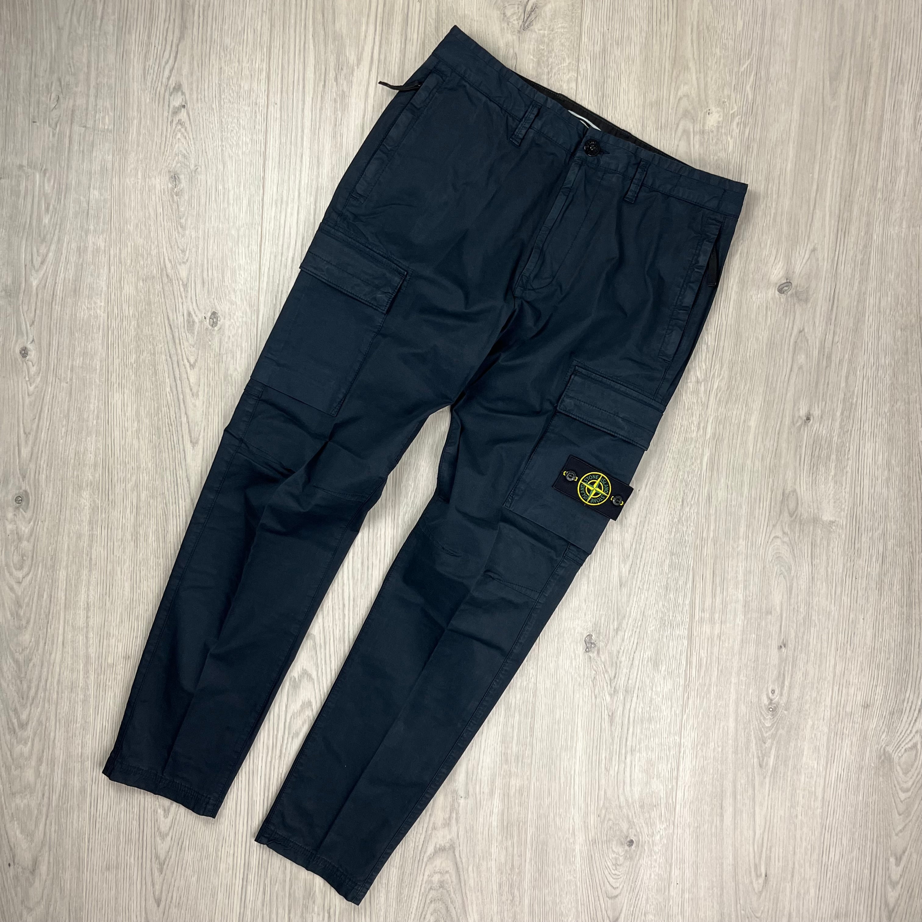 Stone Island Broken Twill Cotton Cargo Trousers in Navy Blue. On sale at Open Attire.