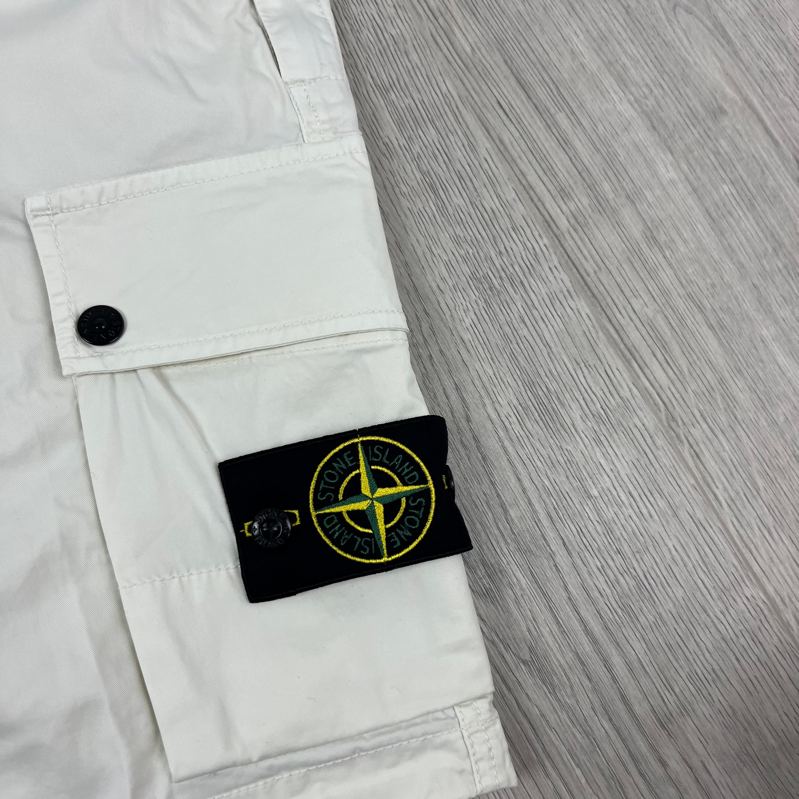 Men's Stone Island Cargo Shorts in Ivory. On sale at Open Attire.