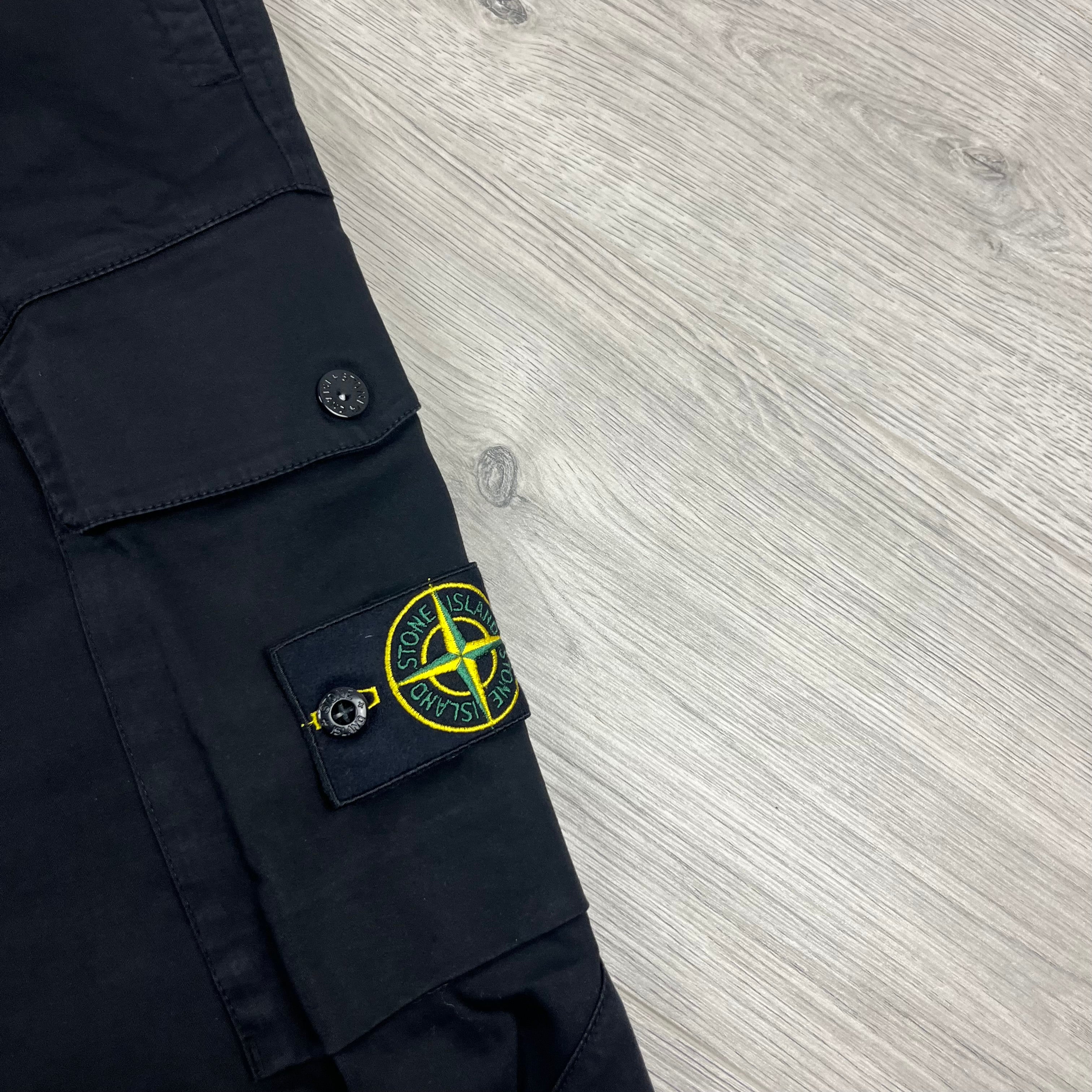 Stone Island Cotton Satin Cargo Trousers in Black. On sale at Open Attire.