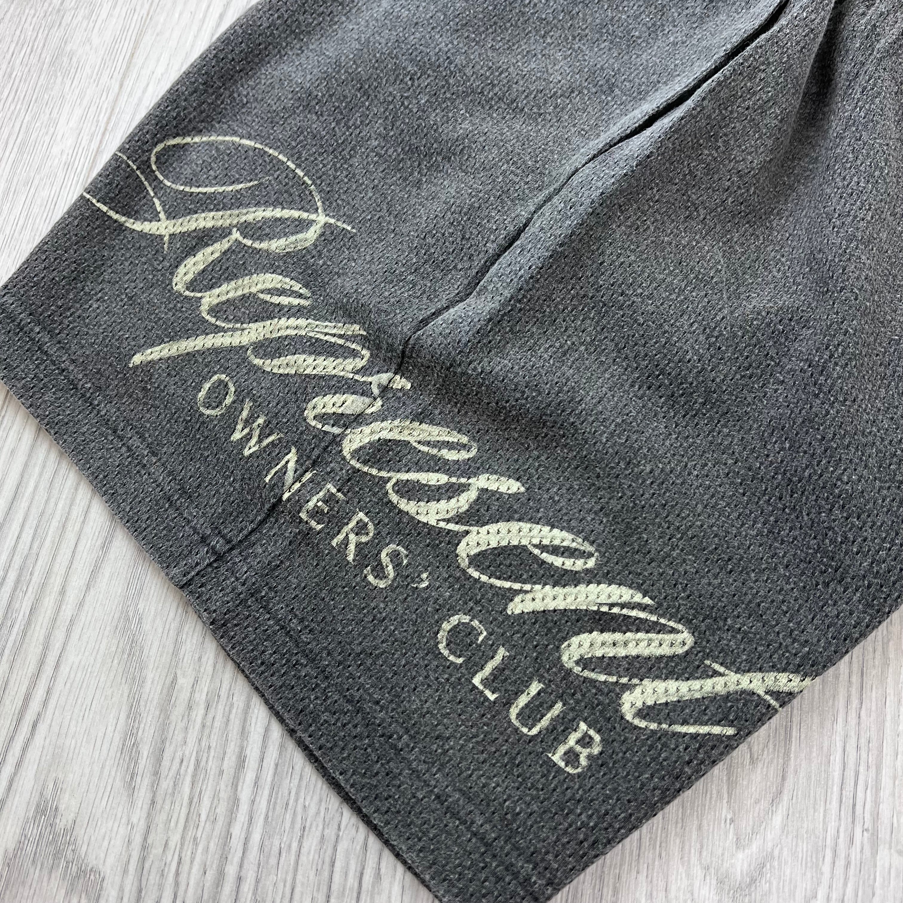 Represent Owners Club Script Mesh Shorts in Vintage Grey - Logo detail.