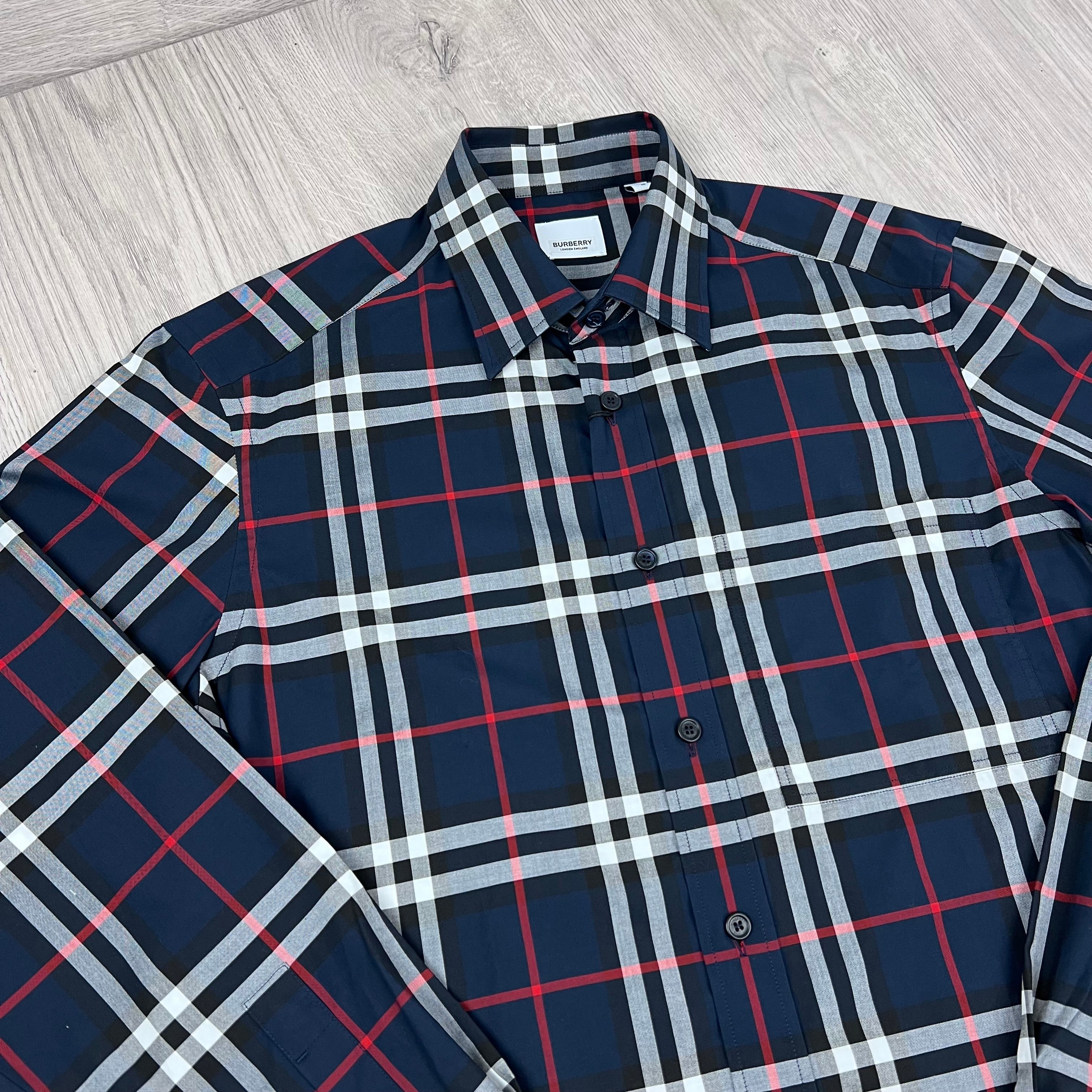 Men's Burberry Caxtan Shirt in Navy Blue. On sale at Open Attire.