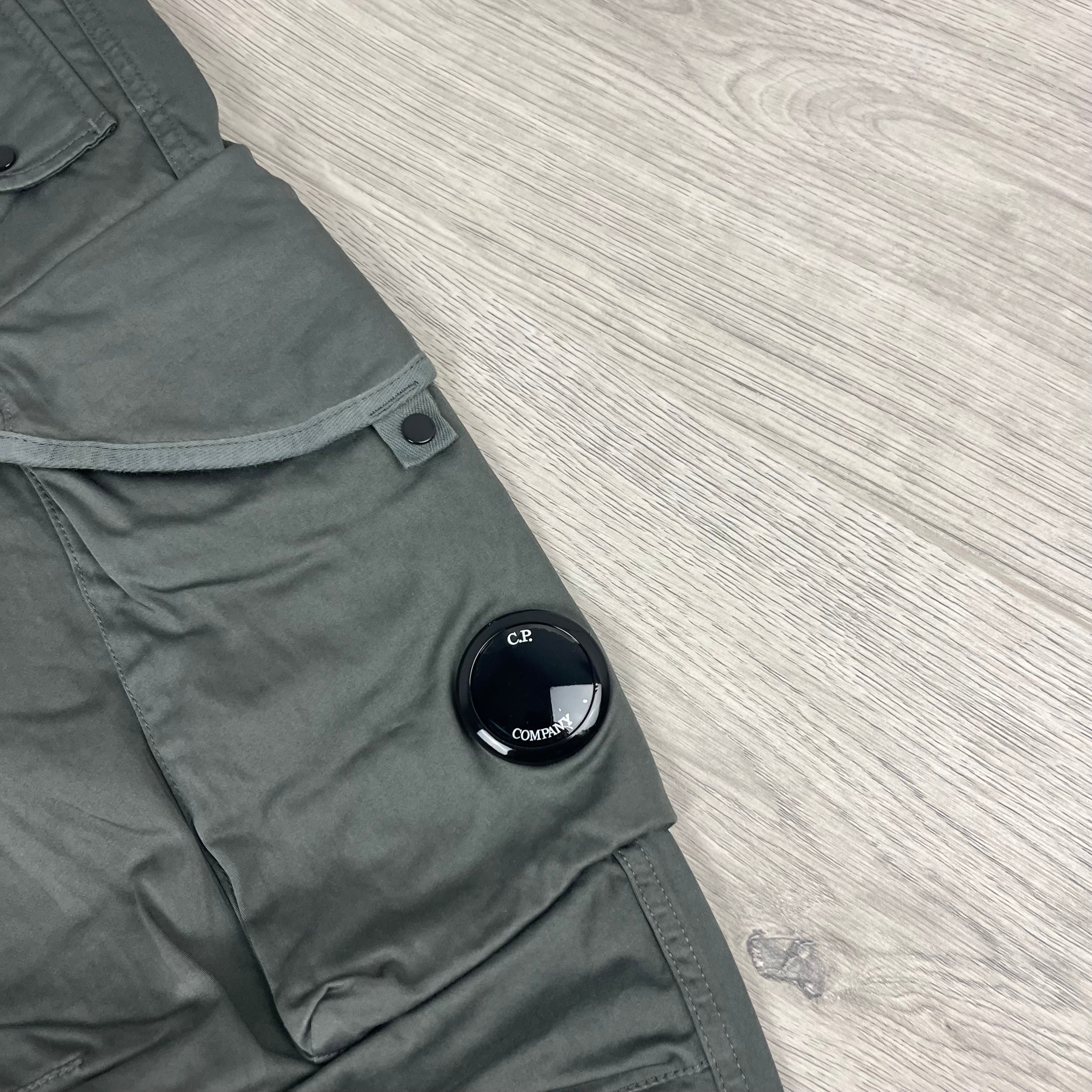 CP Company Stretch Sateen Utility Cargo Trousers in Smoked Pearl. On sale at Open Attire.