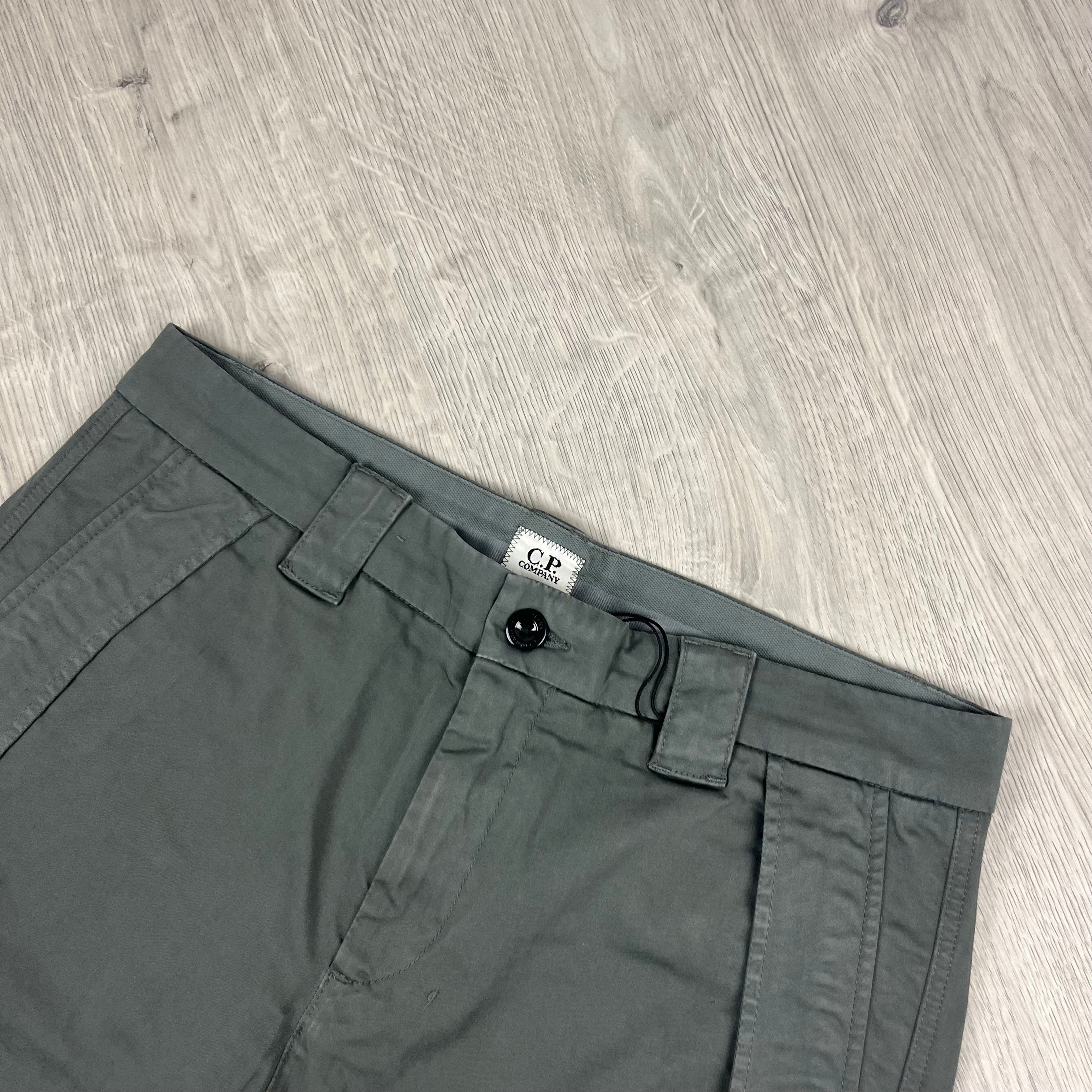 CP Company Stretch Sateen Utility Cargo Trousers in Smoked Pearl. On sale at Open Attire.