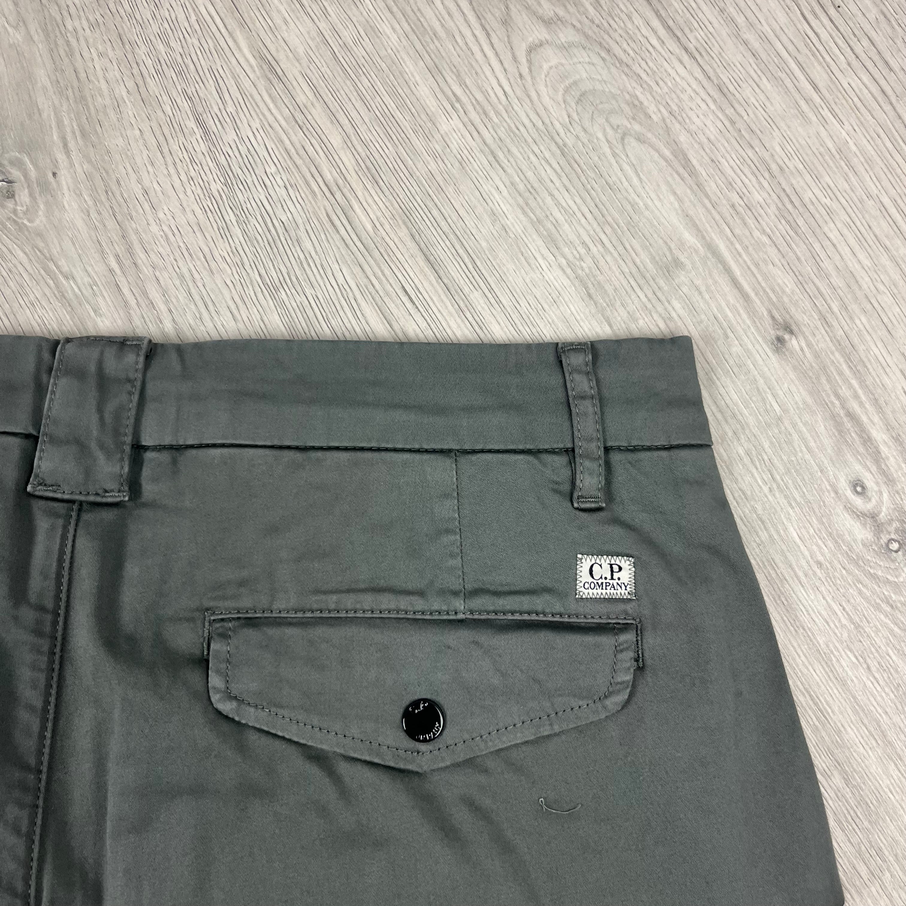 CP Company Stretch Sateen Utility Cargo Trousers in Smoked Pearl. On sale at Open Attire.