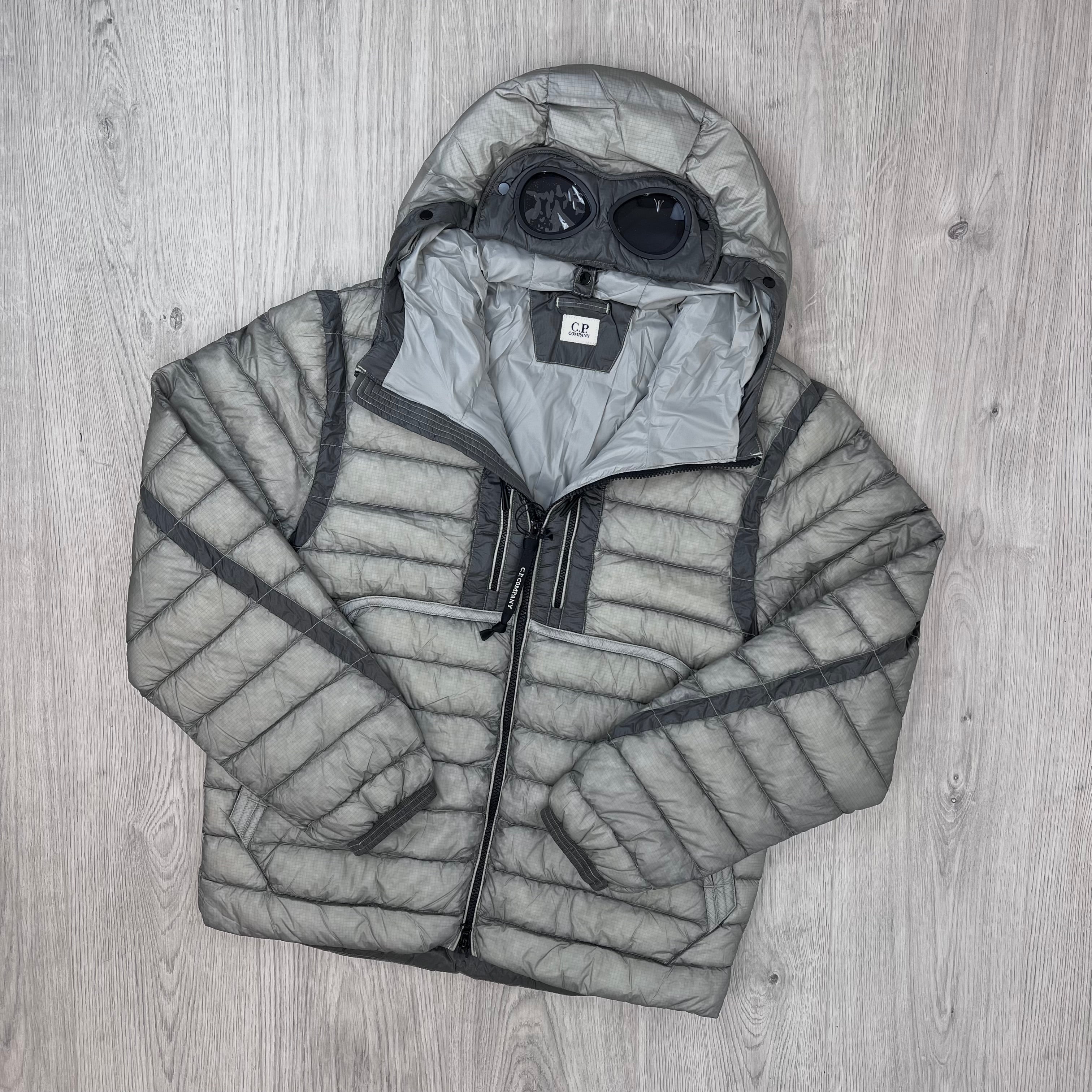 The front view of a CP Company D.D. Shell Goggle Jacket in Flint Grey.