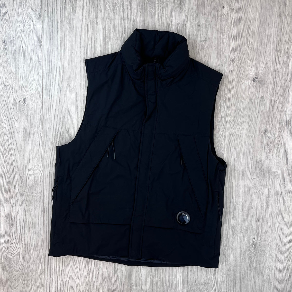 Front view of the CP Company Pro-Tek PrimaLoft Gilet in Black fully-zipped up.