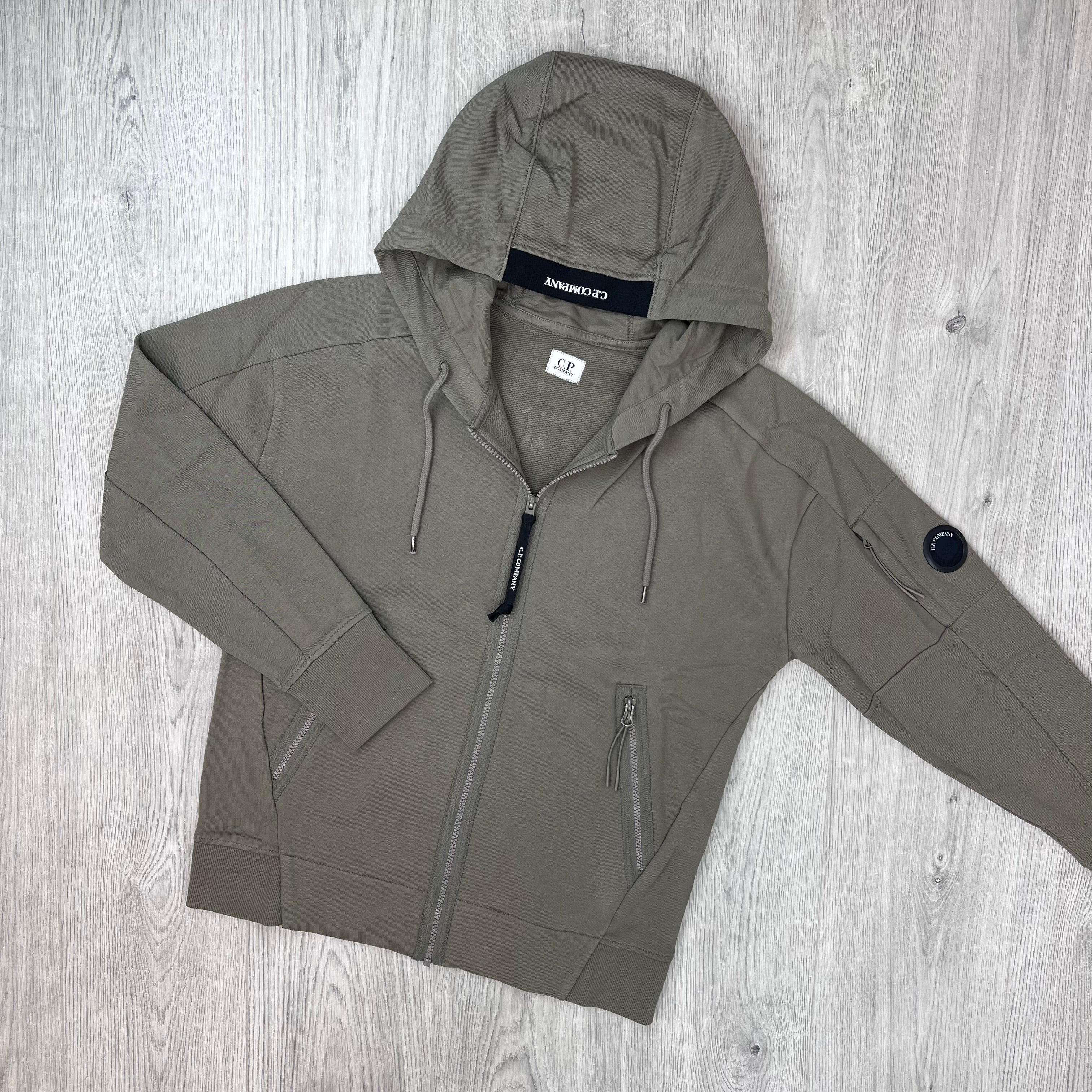 Front view of a CP Company Raised Fleece Zip Hoodie in Fallen Rock.