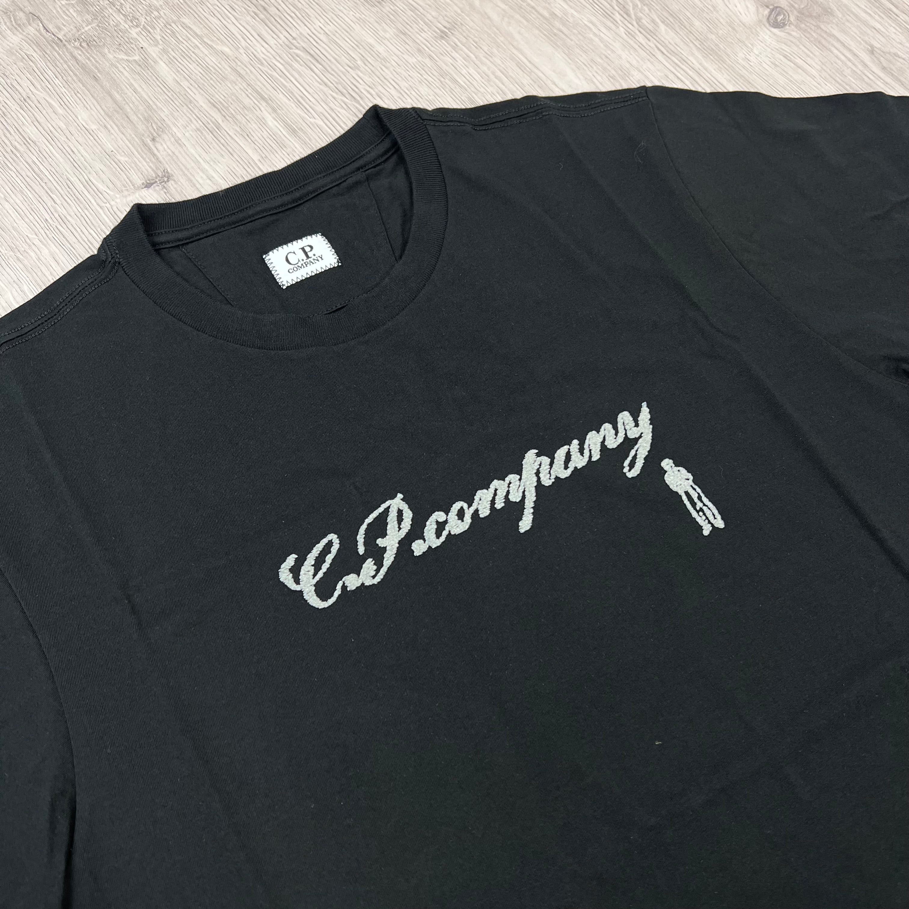 CP Company 30/1 Jersey Short Sleeve Logo T-Shirt in Black - Close up view.
