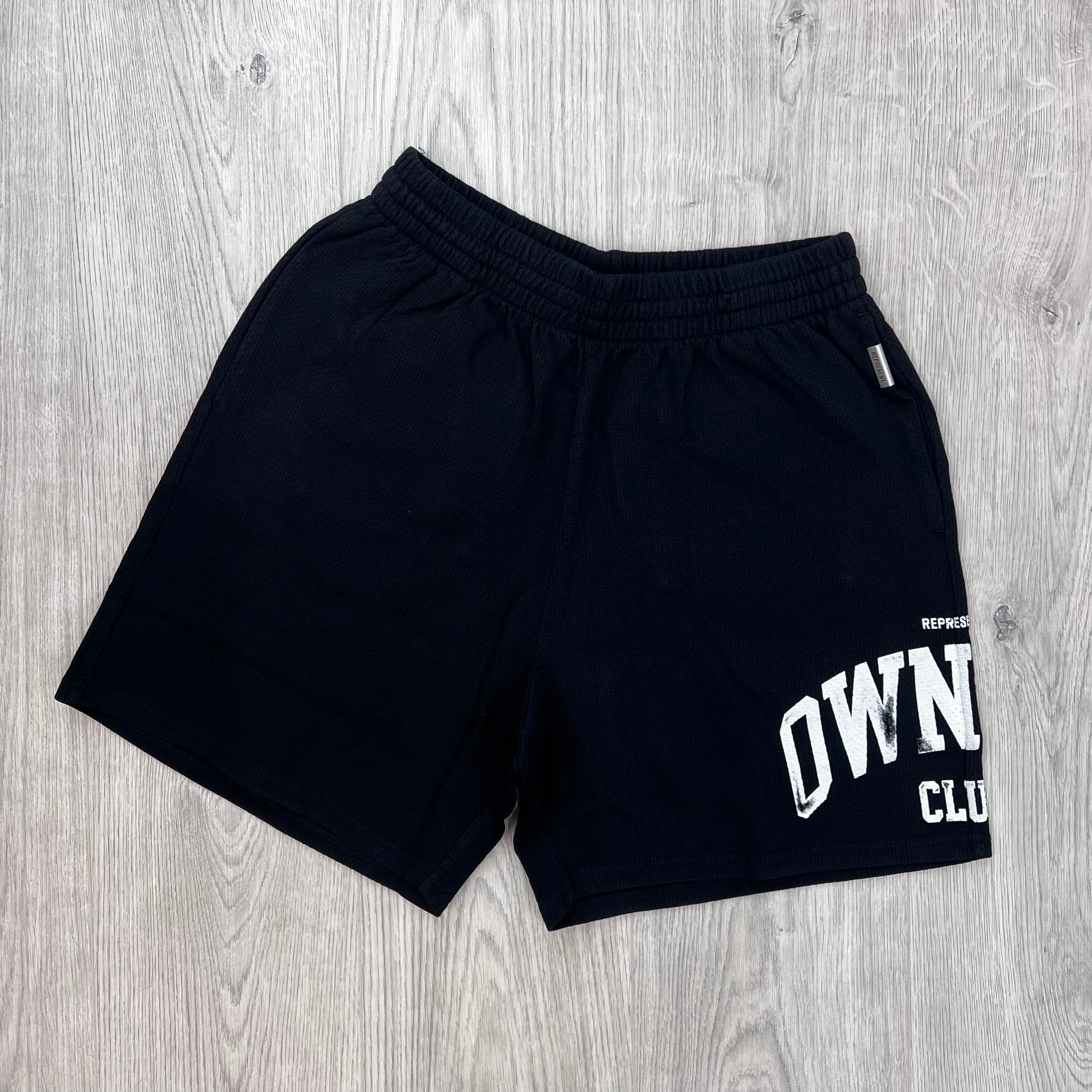 Front view of Represent Owners Club Mesh Shorts in Black.