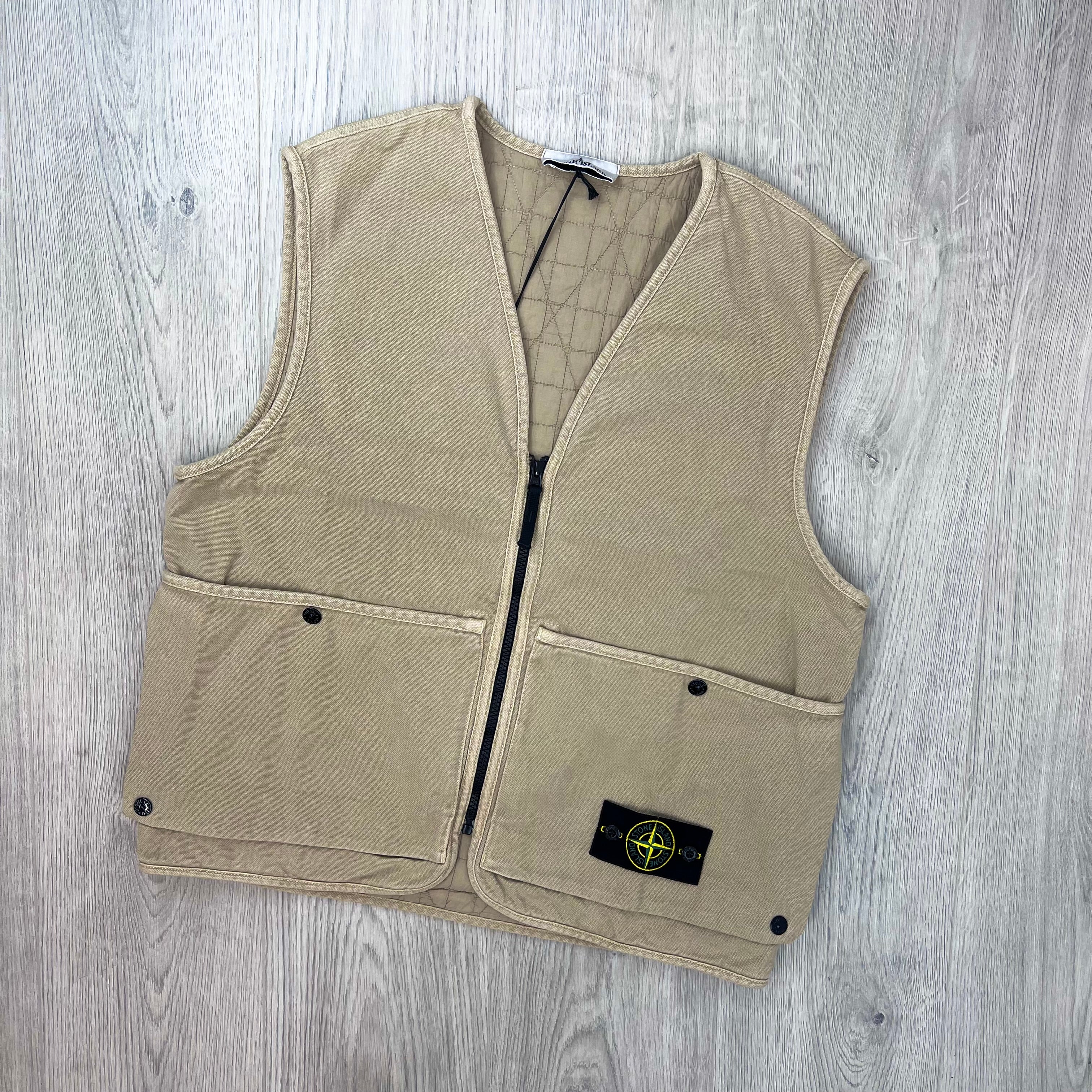 Stone Island Organic Panama Cotton 'Old' Effect Multi-Pocket Vest in Desert - Front view.