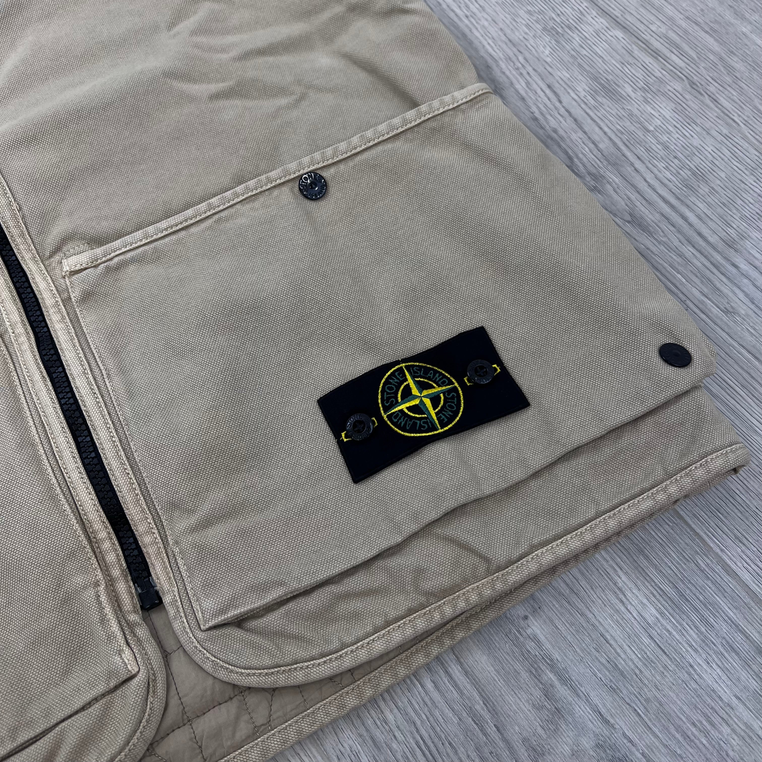 Stone Island Organic Panama Cotton 'Old' Effect Multi-Pocket Vest in Desert - Compass badge detail.