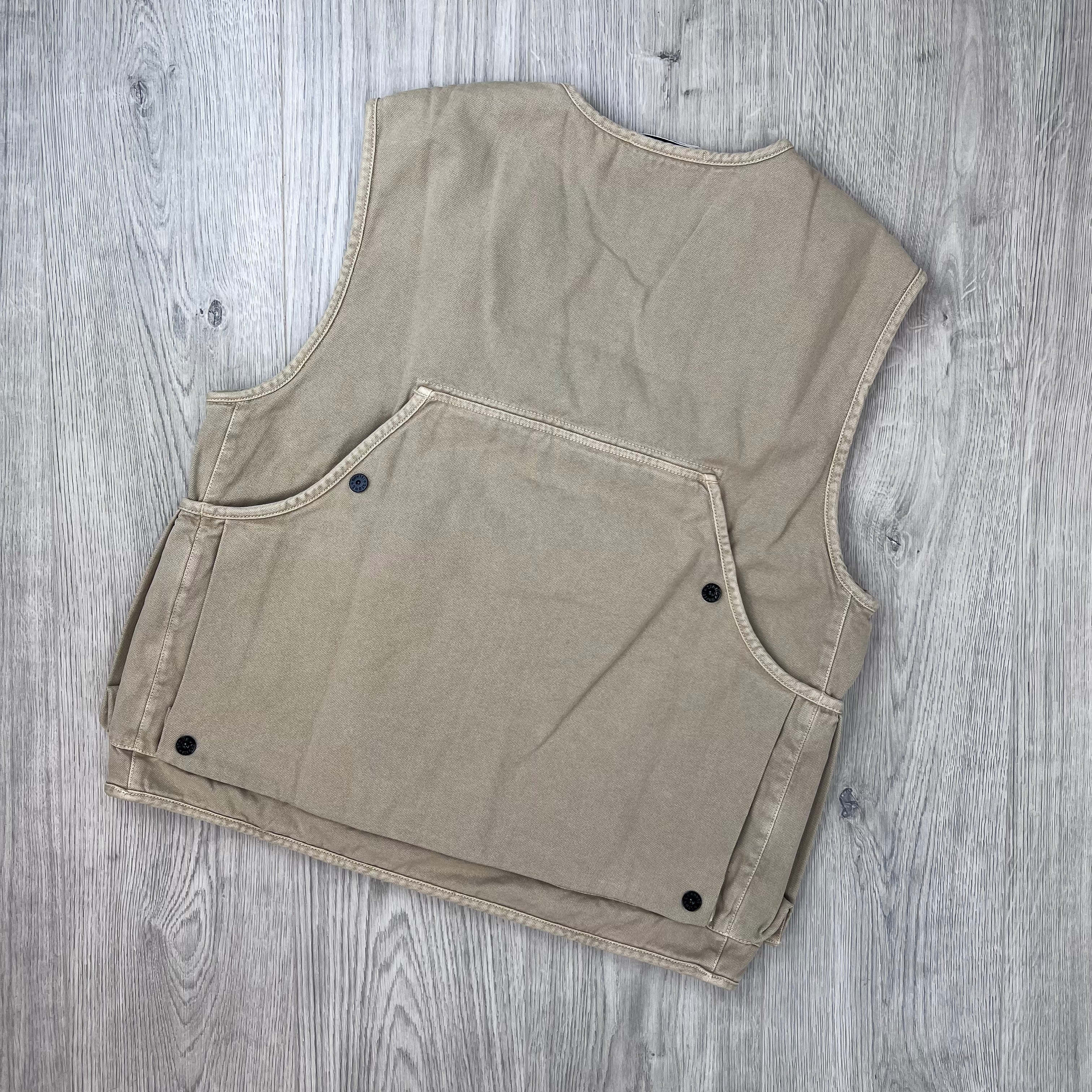 Stone Island Organic Panama Cotton 'Old' Effect Multi-Pocket Vest in Desert - Rear view.
