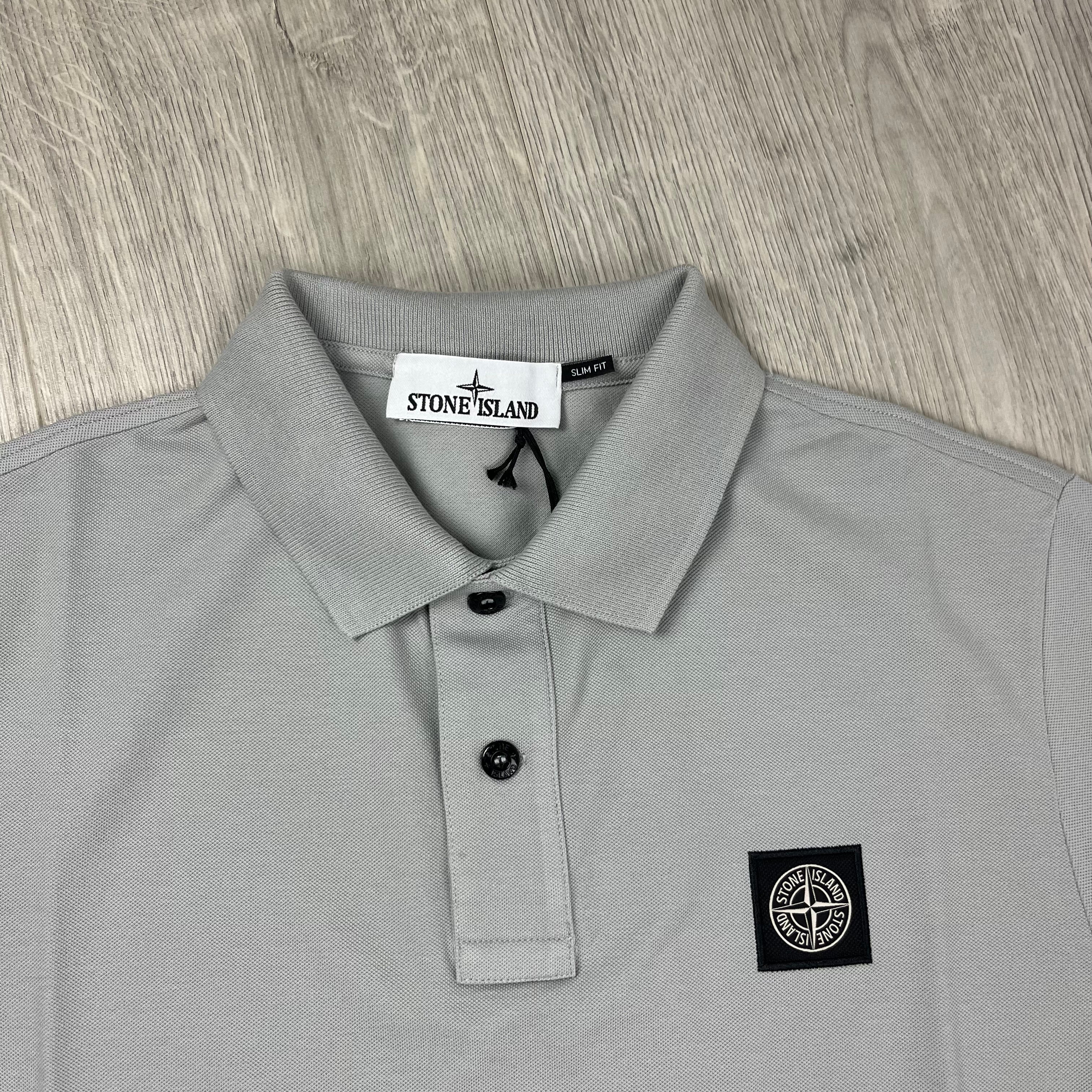 Stone Island Piqué Patch Polo Shirt in Pearl Grey. On sale at Open Attire.